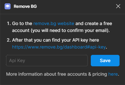 Set API key window for Remove Bg
