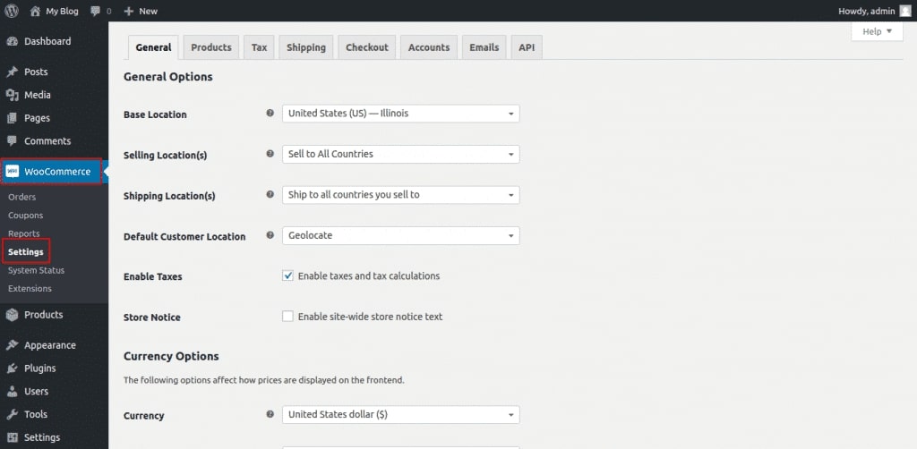  Settings page on the WooCommerce dashboard