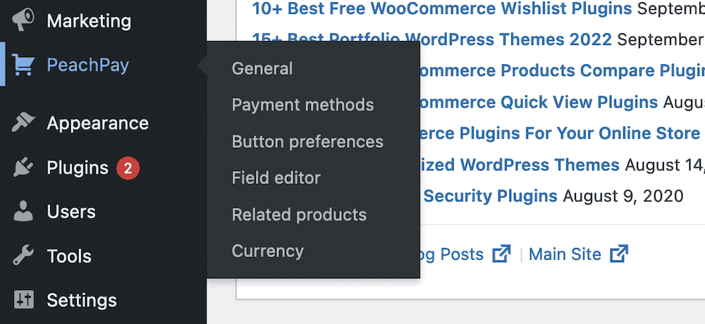 The PeachPay link in the sidebar of the WordPress admin.