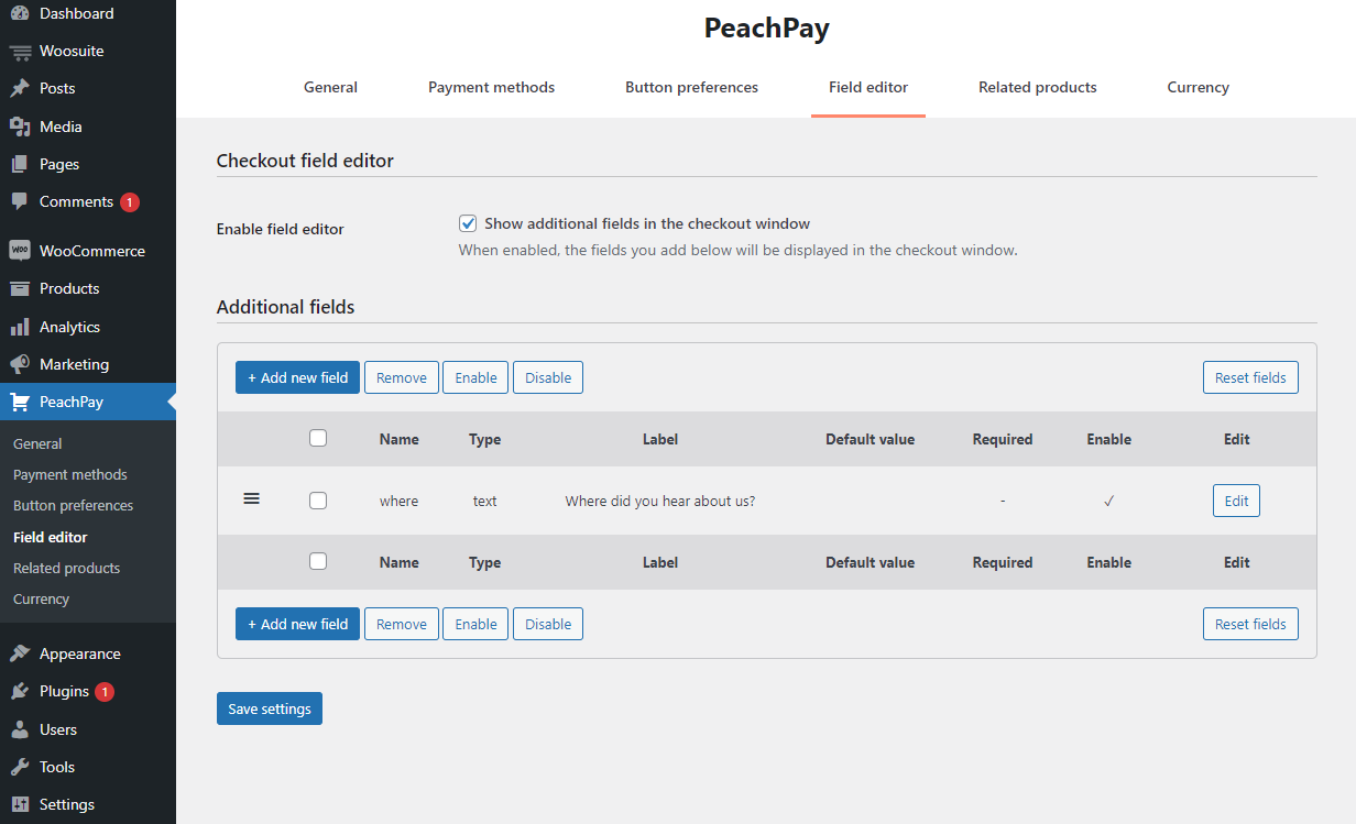 PeachPay field editor