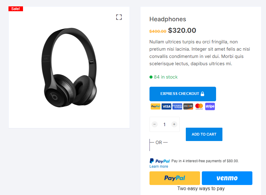 product page with express checkout
