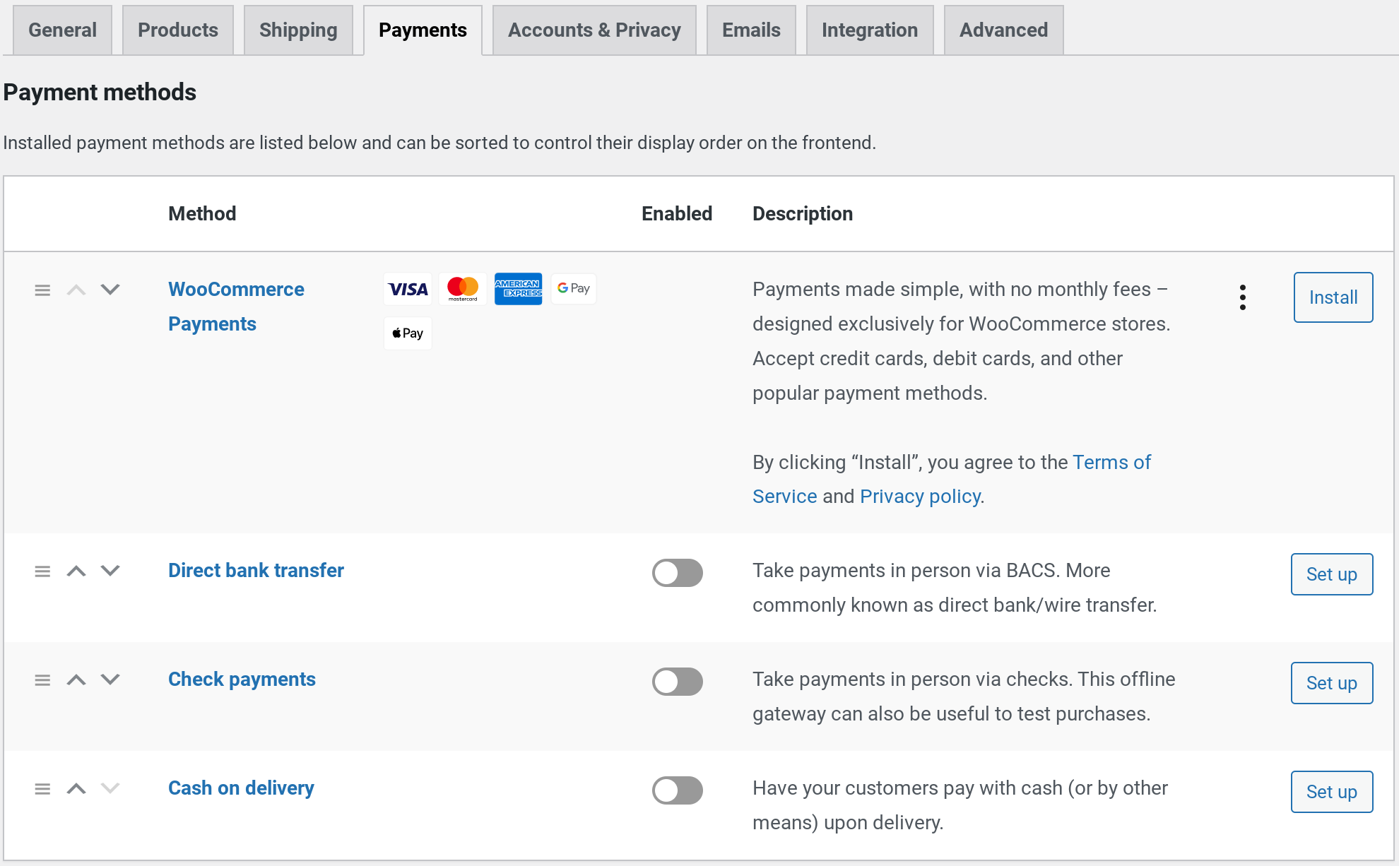 Default payment methods in WooCommerce