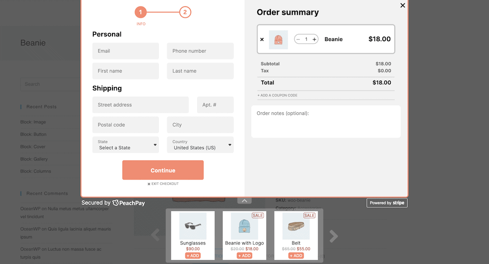 Displaying related products within the PeachPay express checkout window