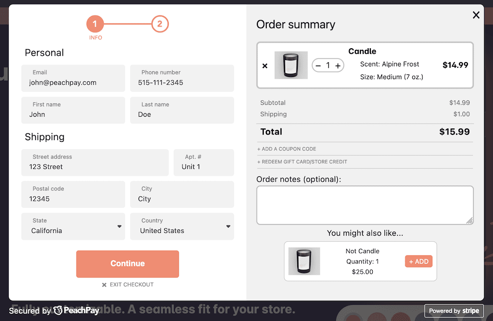 A checkout window on an e-commerce store