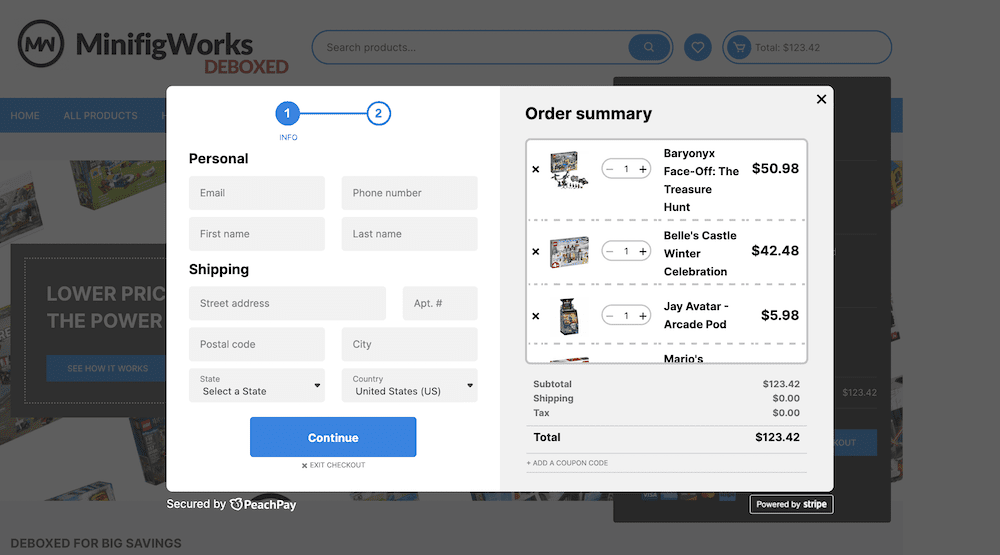 The Express Checkout window on the MinifigWorks website