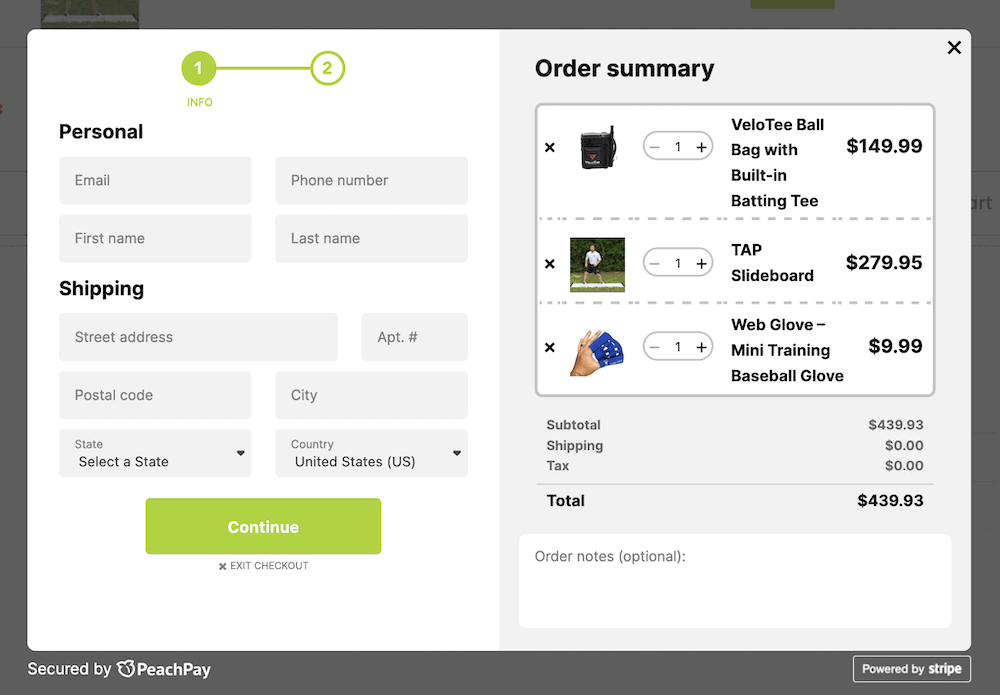 A checkout window, showing all of the different fields there are to enter data into
