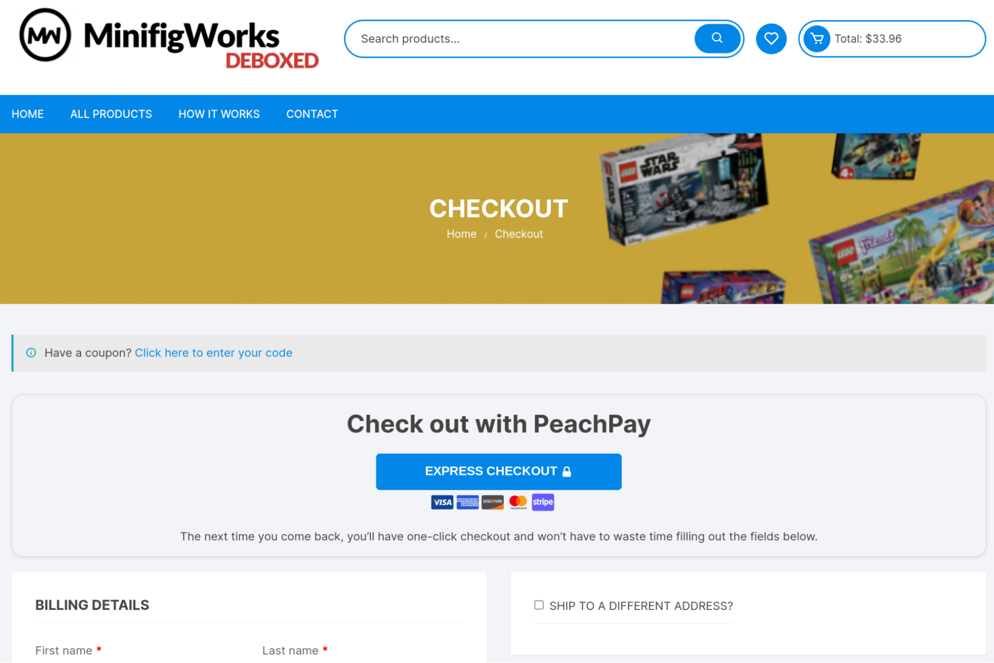 PeachPay's express checkout option on MinifigWorks WooCommerce checkout pagepng