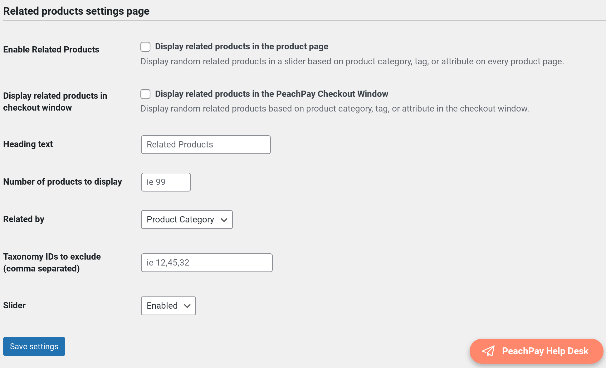 PeachPay's settings for showing related products during checkout