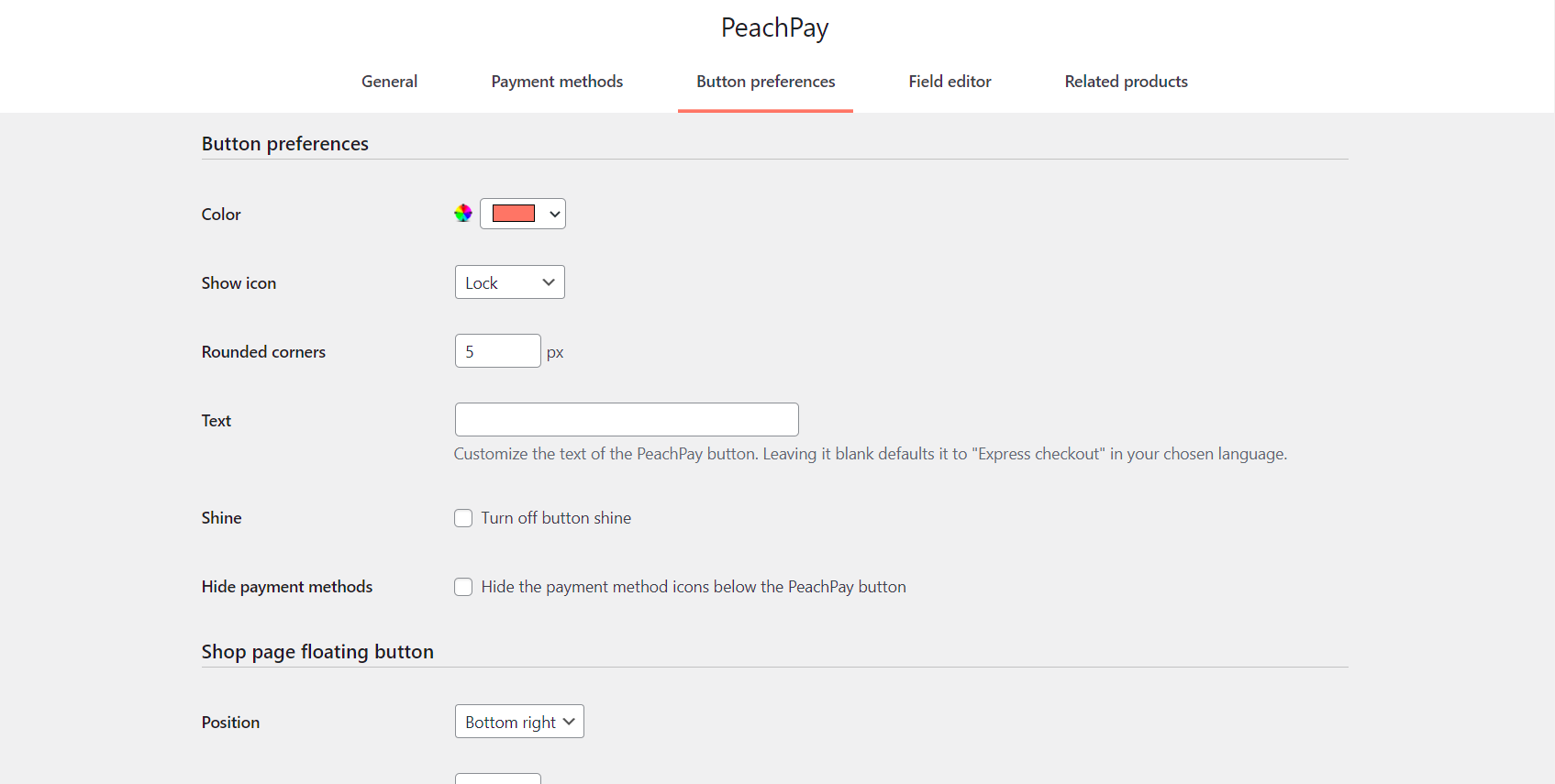 PeachPay button preferences settings