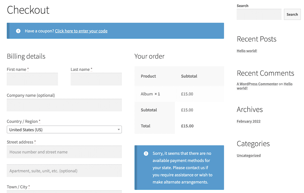 The default WooCommerce checkout procedure.