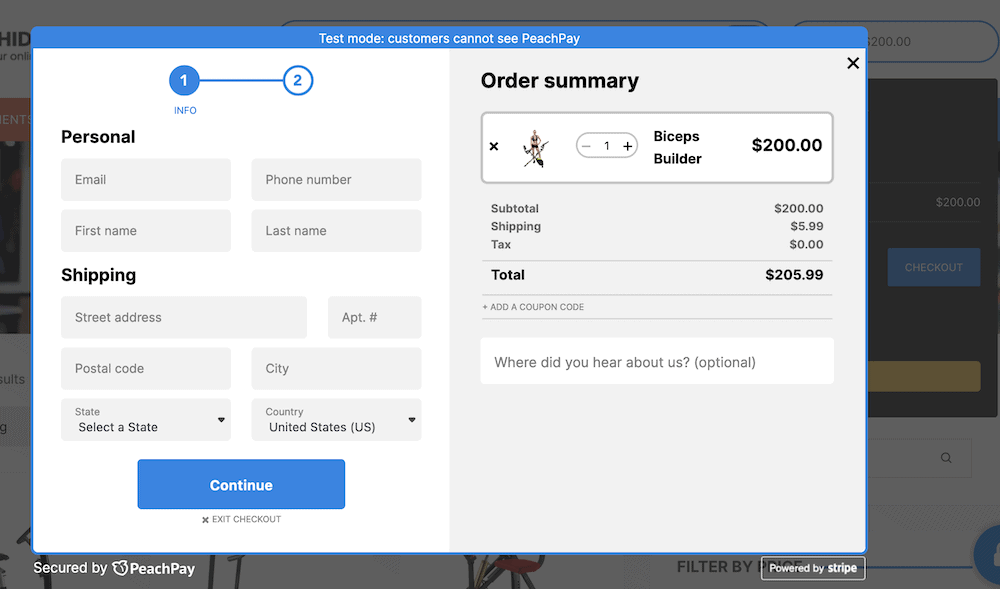 The PeachPay Express Checkout dialog, showing the cart, and fields to enter in personal details and shipping address.