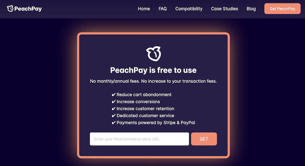 A screen showing some key features for PeachPay, along with a field to enter a URL, and a button marked ‘Get’.
