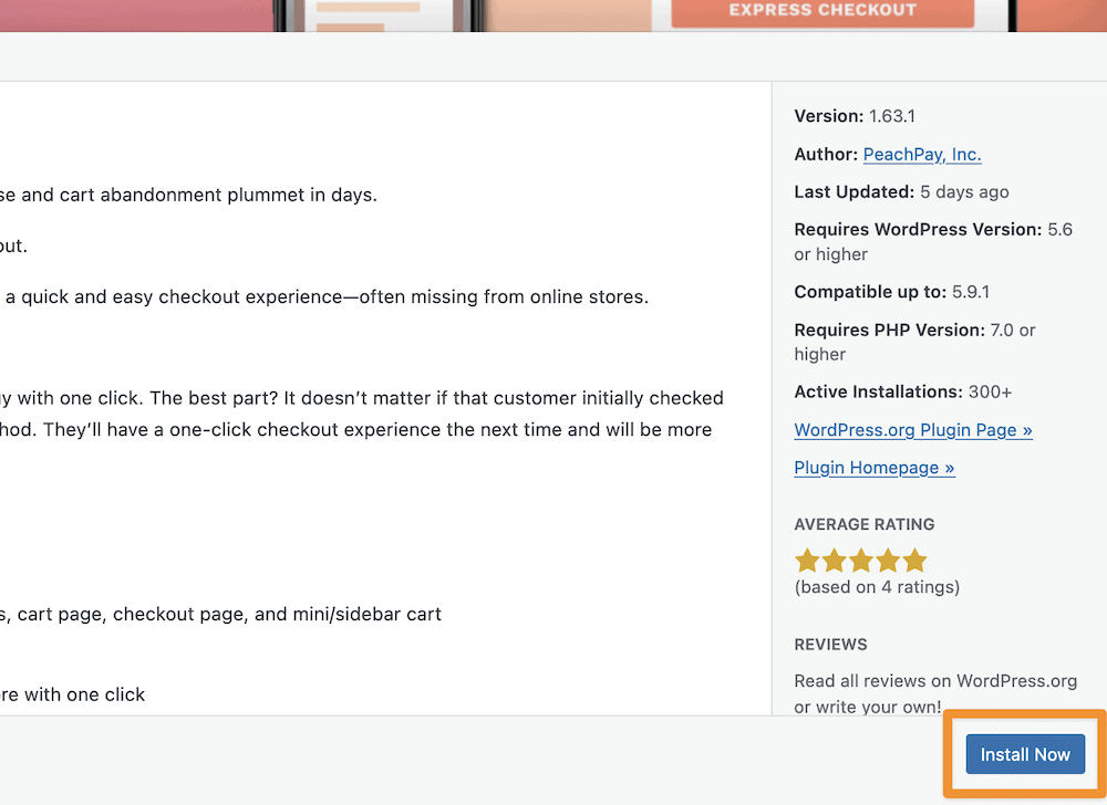 A plugin information page for PeachPay, with the ‘Install Now’ button showing an orange callout.