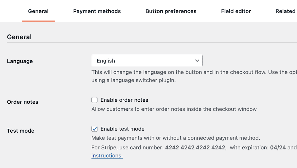 The ‘General’ settings tab within PeachPay.