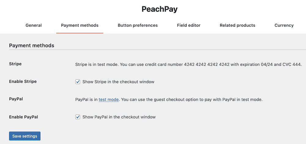 The ‘Payment methods’ tab within PeachPay.