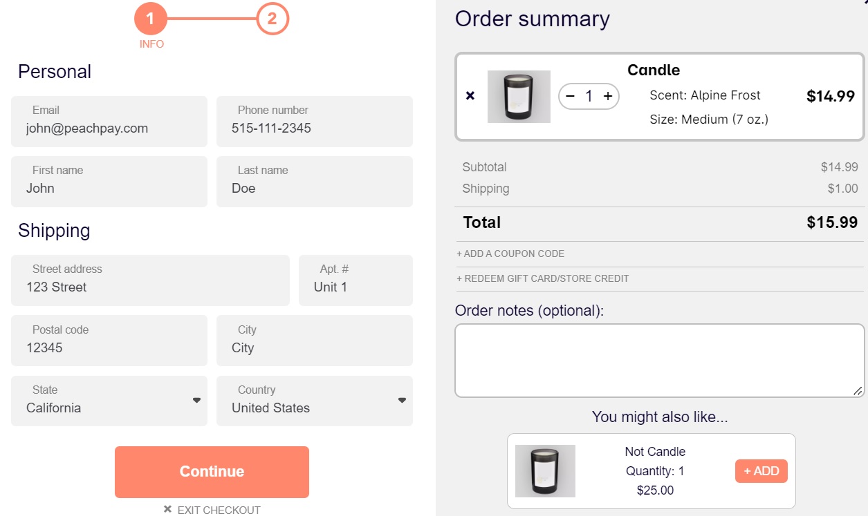 PeachPay checkout window with order notes