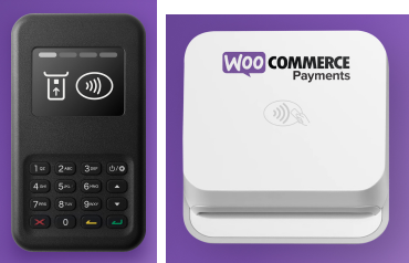 (Left) WooCommerce Payments M2 card reader and (right) WooCommerce Payments WisePad 3 card reader.