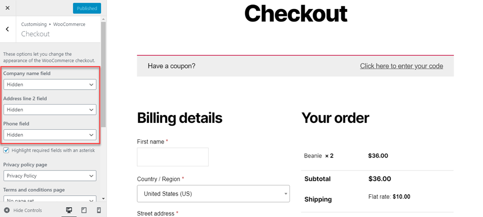 Removing checkout field using the WooCommerce customizer